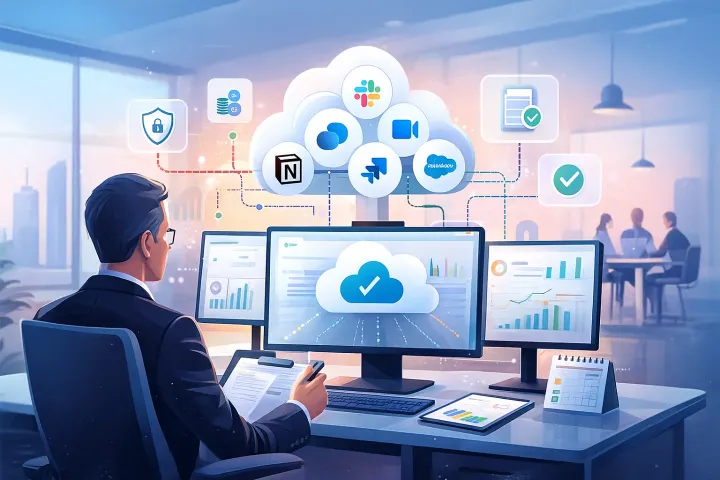 Responsable IT devant des écrans reliés à des applications cloud